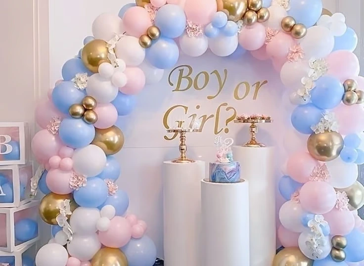 Modern gender-neutral baby shower balloon setup
