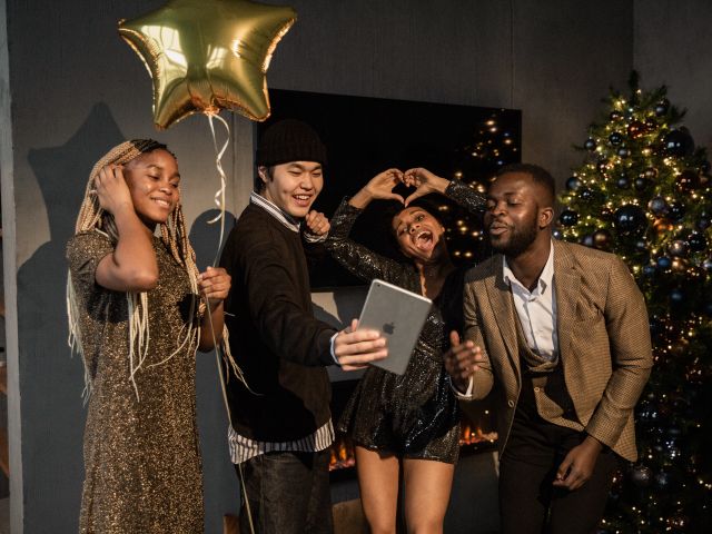 360 photo booth Christmas party gold backdrop
