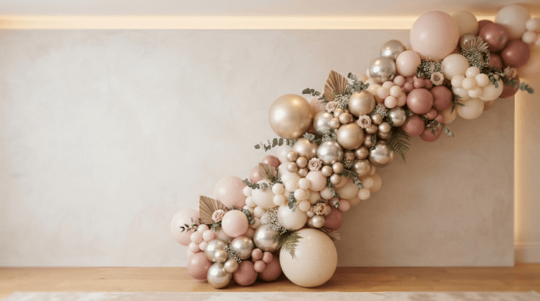 Organic balloon garland decoration in blush and gold for a luxury event in Bristol