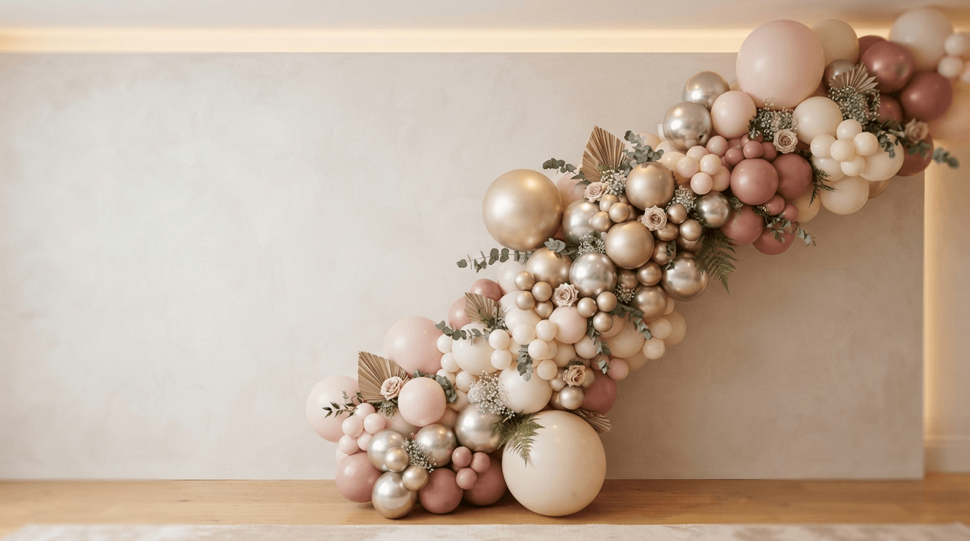 Organic balloon garland decoration in blush and gold for a luxury event in Bristol