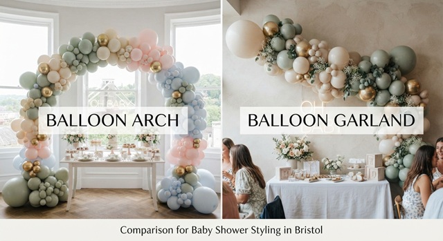 Balloon arch versus balloon garland comparison for baby shower styling in Bristol