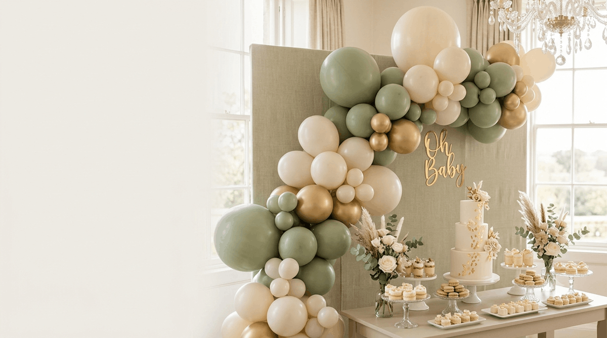 Luxury baby shower decoration ideas in Bristol with sage green, ivory and gold balloon garland styling