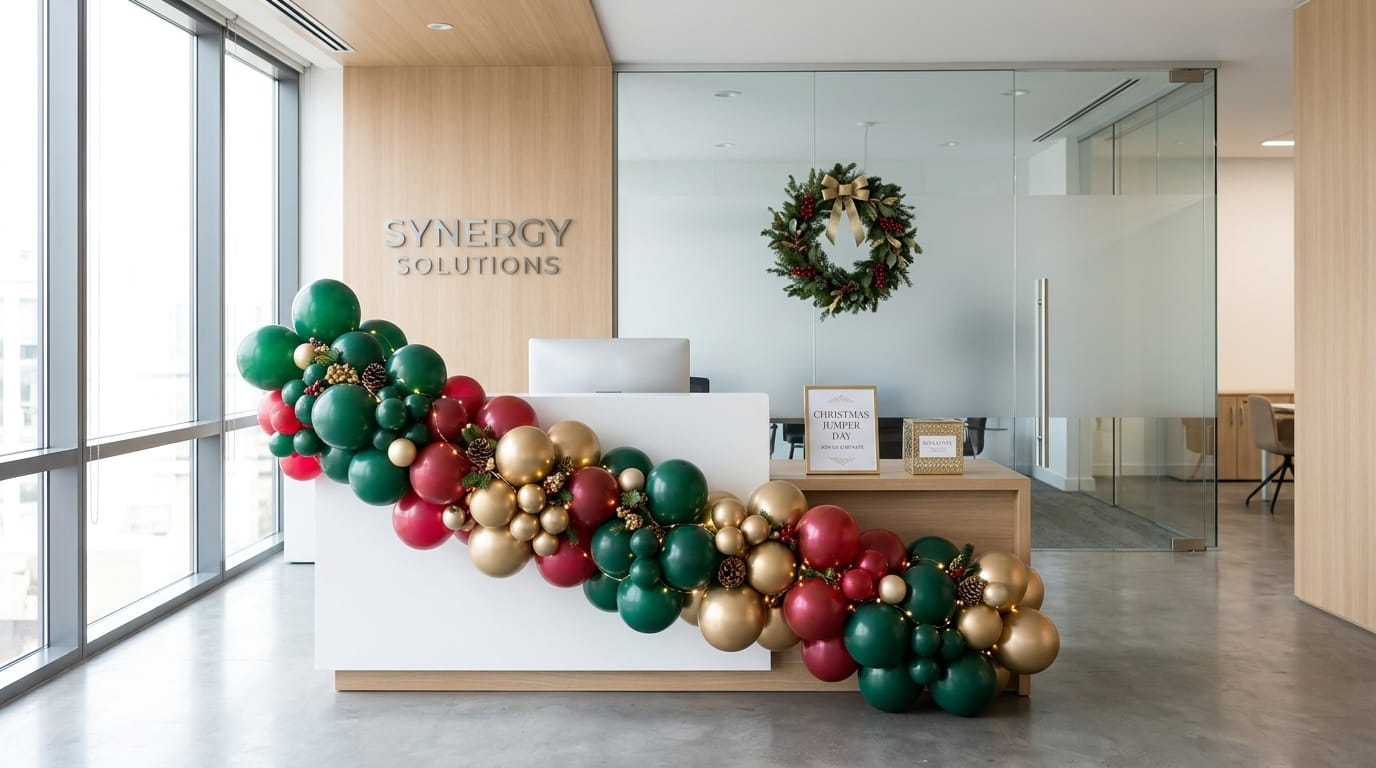 Office reception styled with festive balloon garland and lighting for Christmas Jumper Day 2026 in Bristol
