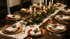 Luxury Christmas table decorations styled in gold and red with candles and centrepiece