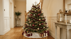 Luxury Christmas tree decorations in burgundy and gold with layered ribbon and warm lighting