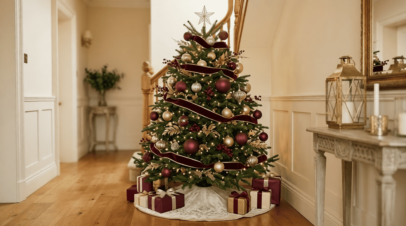 Luxury Christmas tree decorations in burgundy and gold with layered ribbon and warm lighting