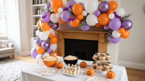 Kids' Halloween party balloon garland and food table decorations in Bristol