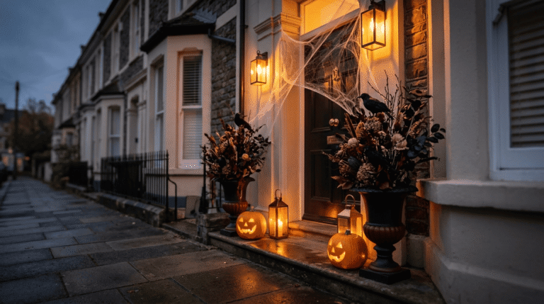 Weatherproof outdoor Halloween decorations styled on a Bristol terraced house porch at dusk