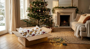 Christmas decorations being carefully taken down and packed away in a styled Bristol home