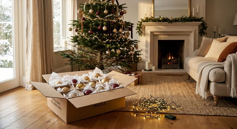 Christmas decorations being carefully taken down and packed away in a styled Bristol home