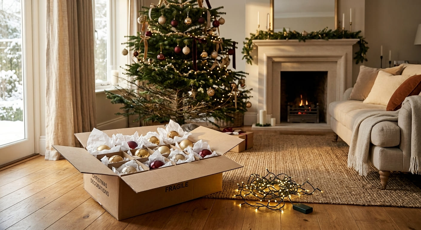 Christmas decorations being carefully taken down and packed away in a styled Bristol home