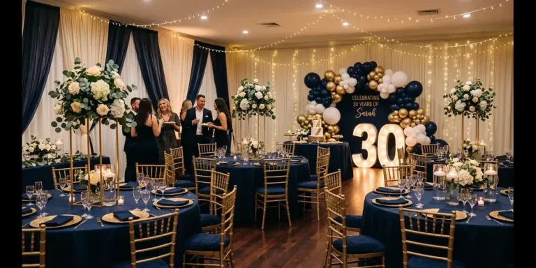 Styled 30th birthday party room with matching colour scheme in Bristol