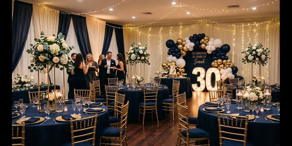 Styled 30th birthday party room with matching colour scheme in Bristol