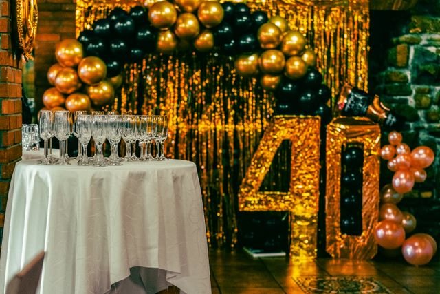 Gold and black balloon garland for a 40th birthday party in Bristol