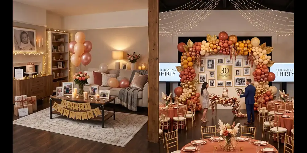Home party styling compared to venue decoration for a 30th birthday in Bristol