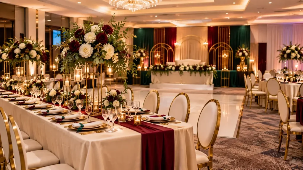 Elegant Nigerian wedding reception setup with luxury table décor, burgundy and cream floral arrangements, gold chairs, candlelight and coordinated venue styling.