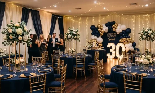 elegant birthday party room styled Styled 30th birthday party room with matching colour scheme in Bristol